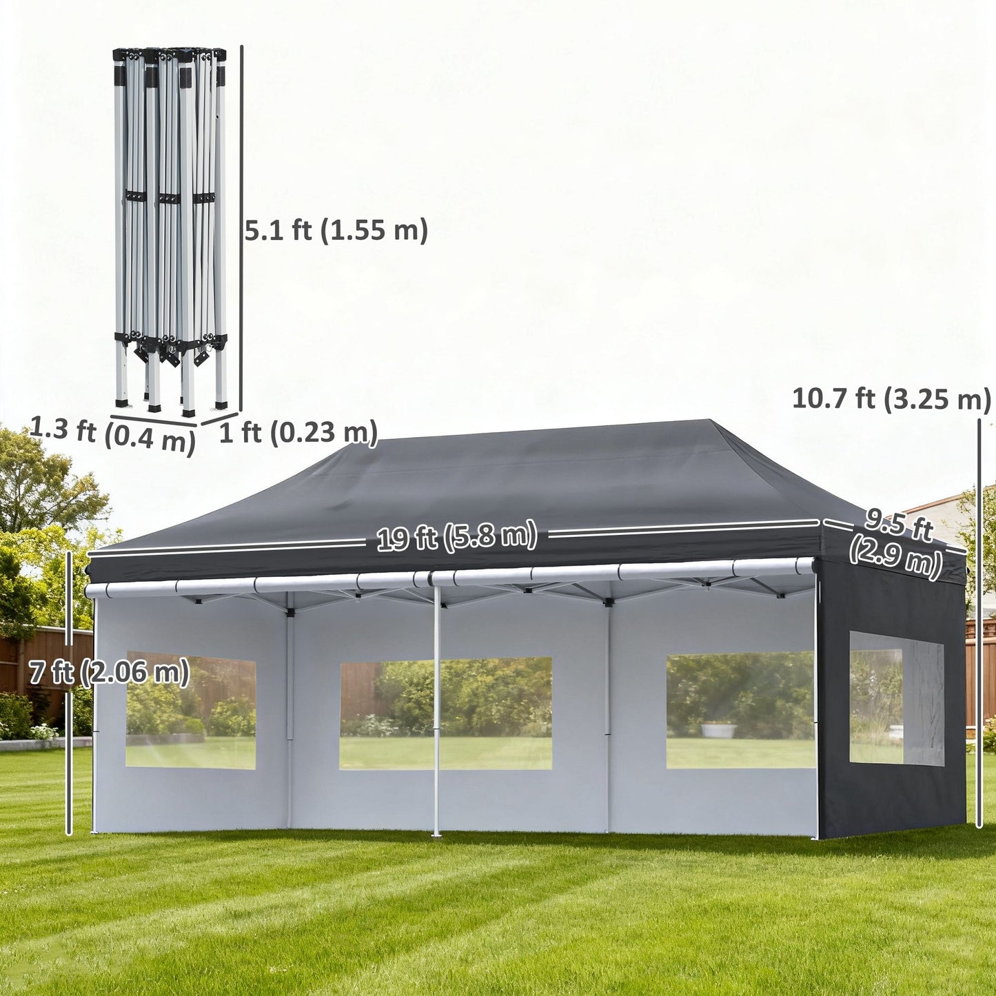 20' x 10' Folding Pop Up Canopy Tent with Sidewalls, Windows, Weight Bags and Carrying Bag, Black