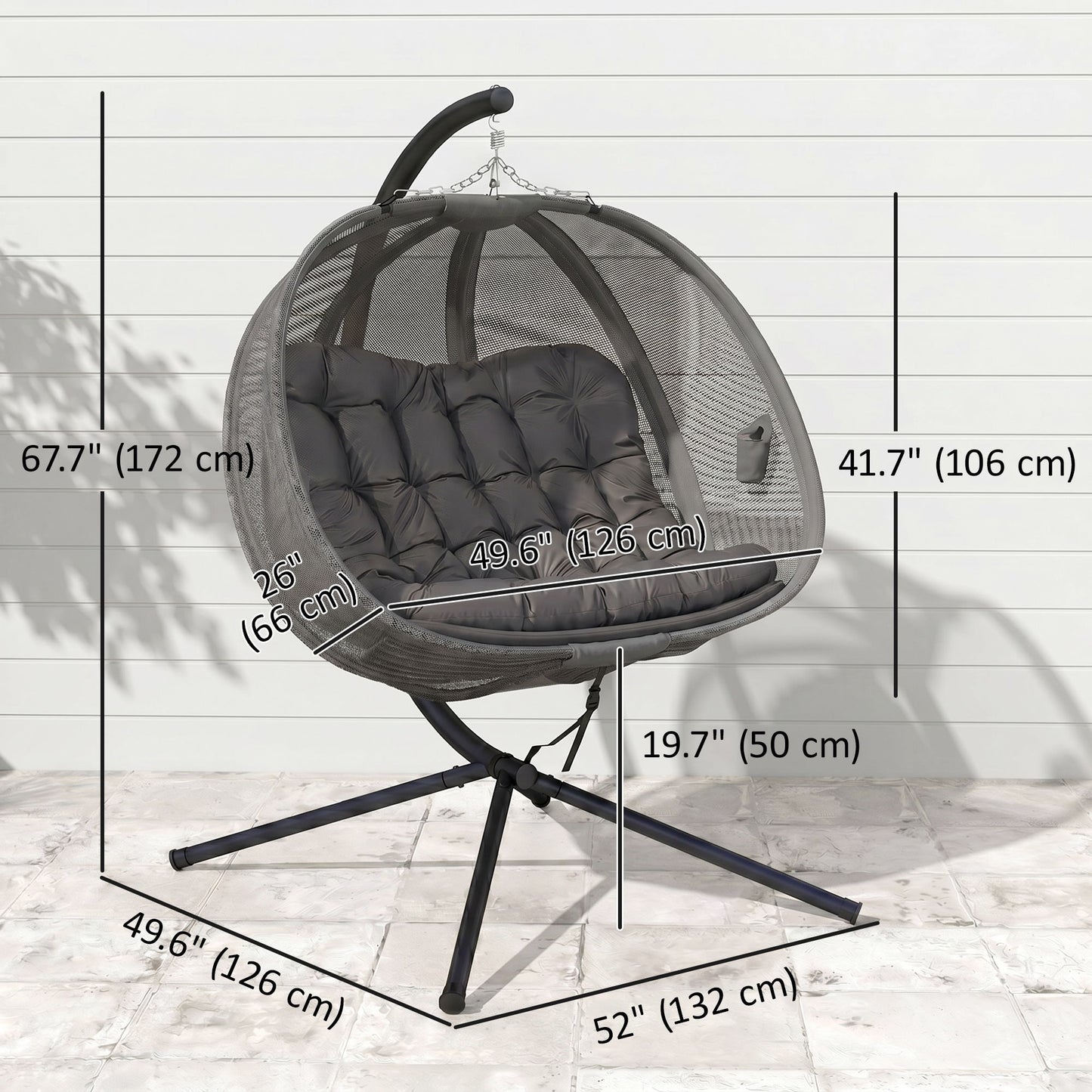 Double Egg Chair with Stand, 2 Person Hanging Swing Egg Chair with Cushion, Pockets, Grey