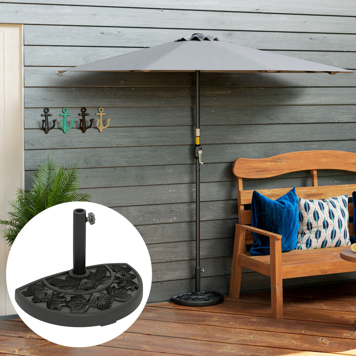 21 lbs Resin Half Umbrella Base, Concrete Half Umbrella Stand Outdoor Umbrella Base with Flower-Leaf Design, Patio Umbrella Stand for Outdoor Lawn Poolside, Black