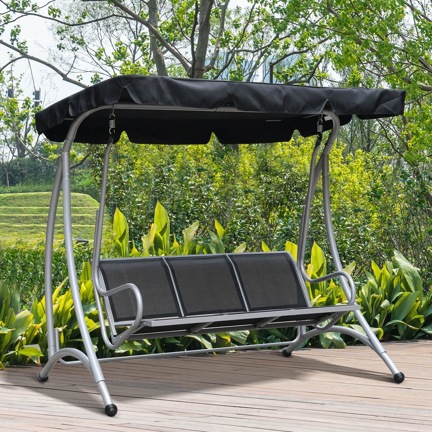 3-Seater Outdoor Swing Chair Bench with Adjustable Canopy, Black