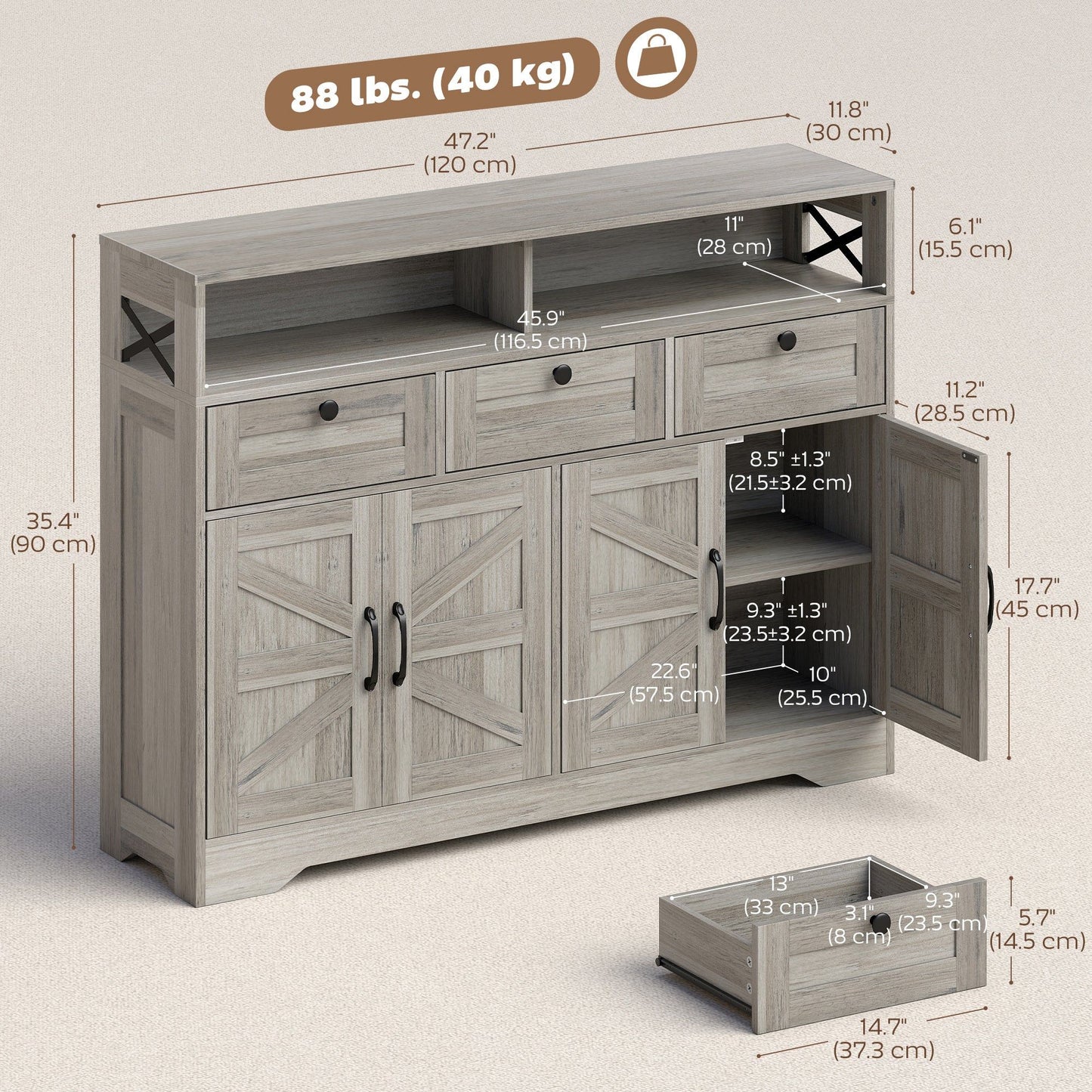 Sideboard Buffet Cabinet with 4 Doors and 3 Drawers - Grey