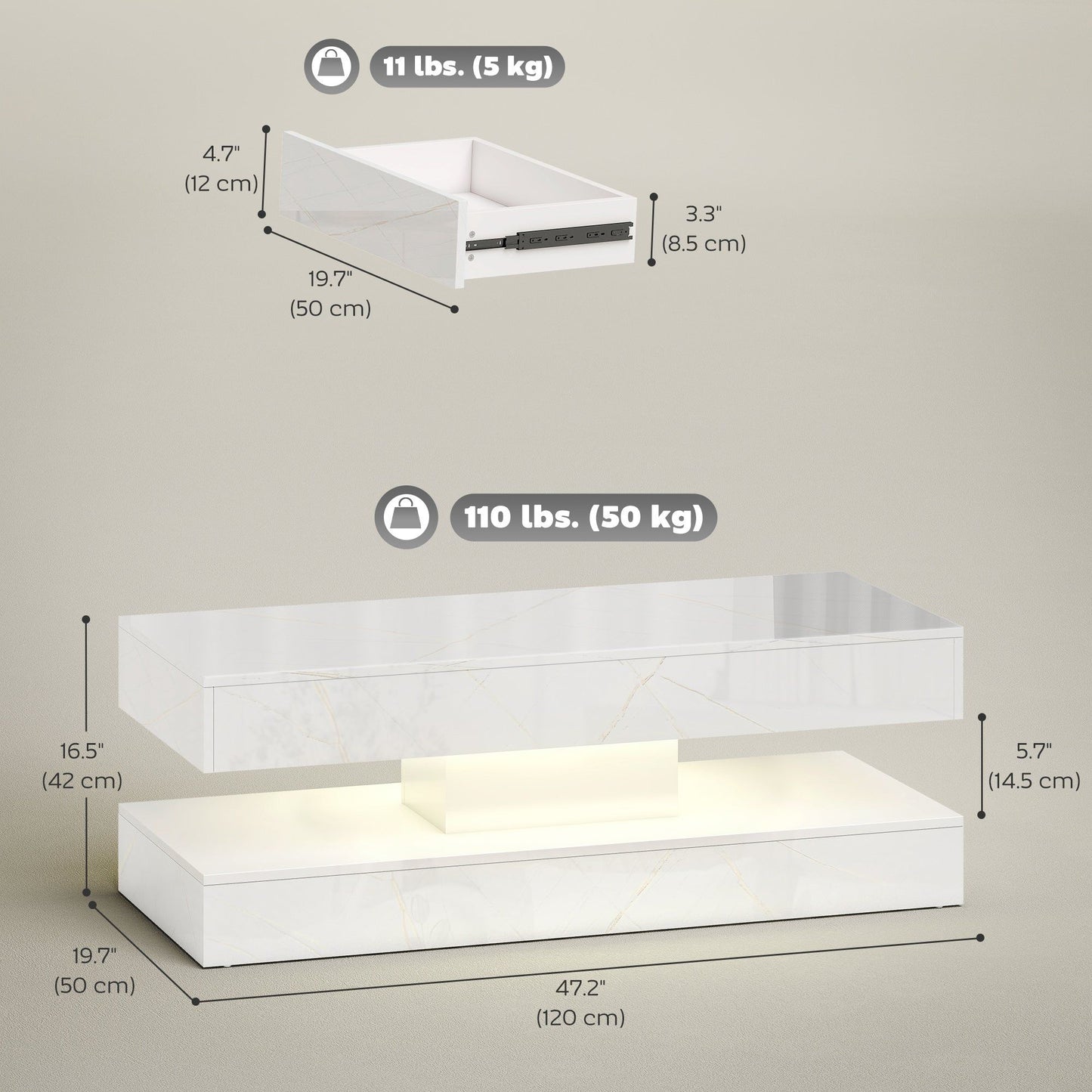 LED Coffee Table with 2 Drawers and Shelf - Marble-Effect White