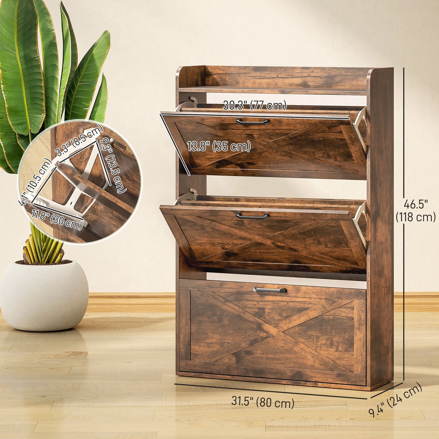 Narrow Shoe Storage Cabinet Farmhouse Shoe Cabinet with 3 Flip Drawers Adjustable Shelves for Entryway Rustic Brown