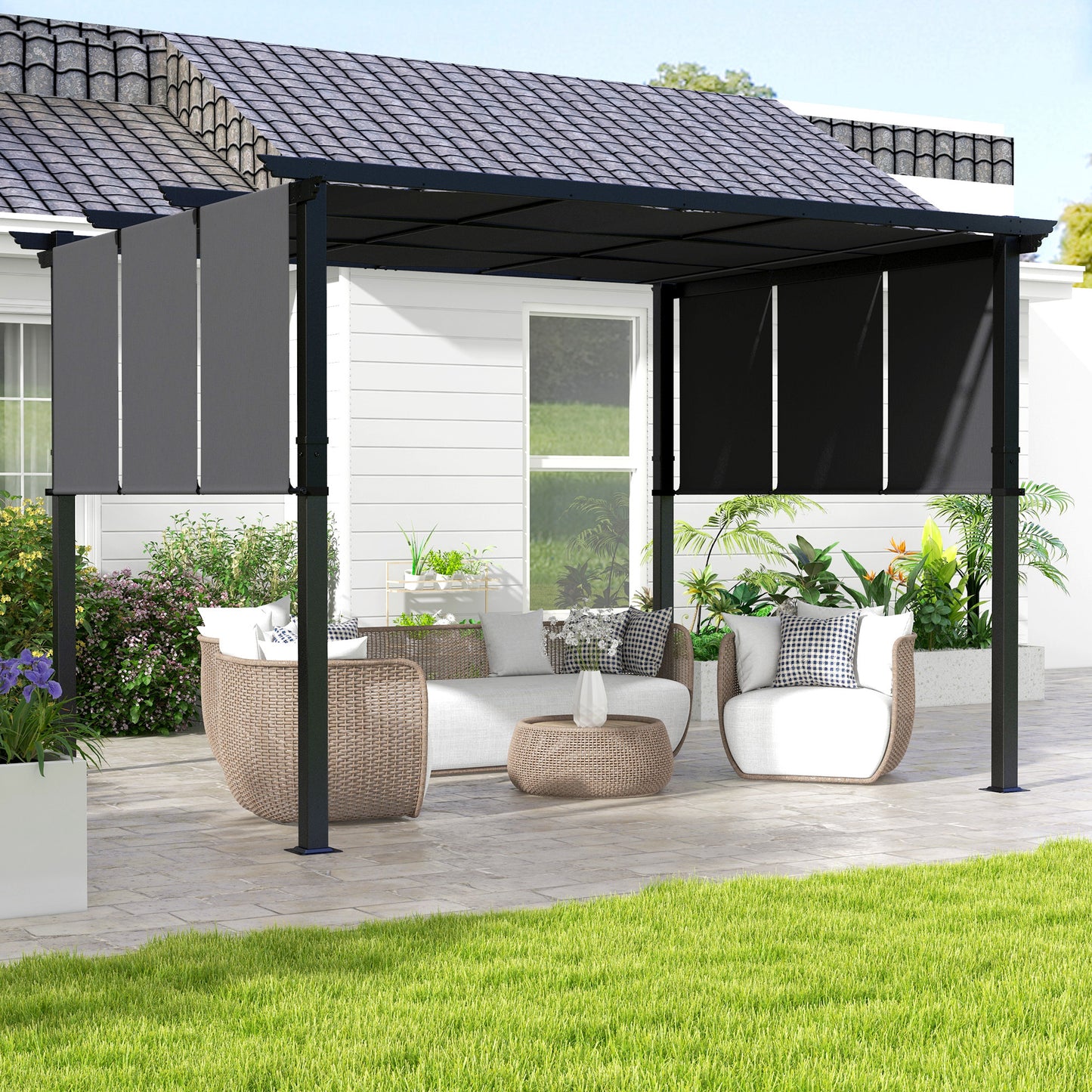 Metal Pergola, Outdoor Pergola with Retractable Canopy, for Garden, Patio, Backyard, Deck