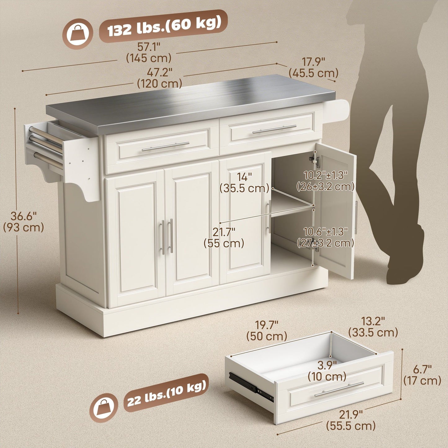 Rolling Kitchen Island with Stainless Steel Top - Cream