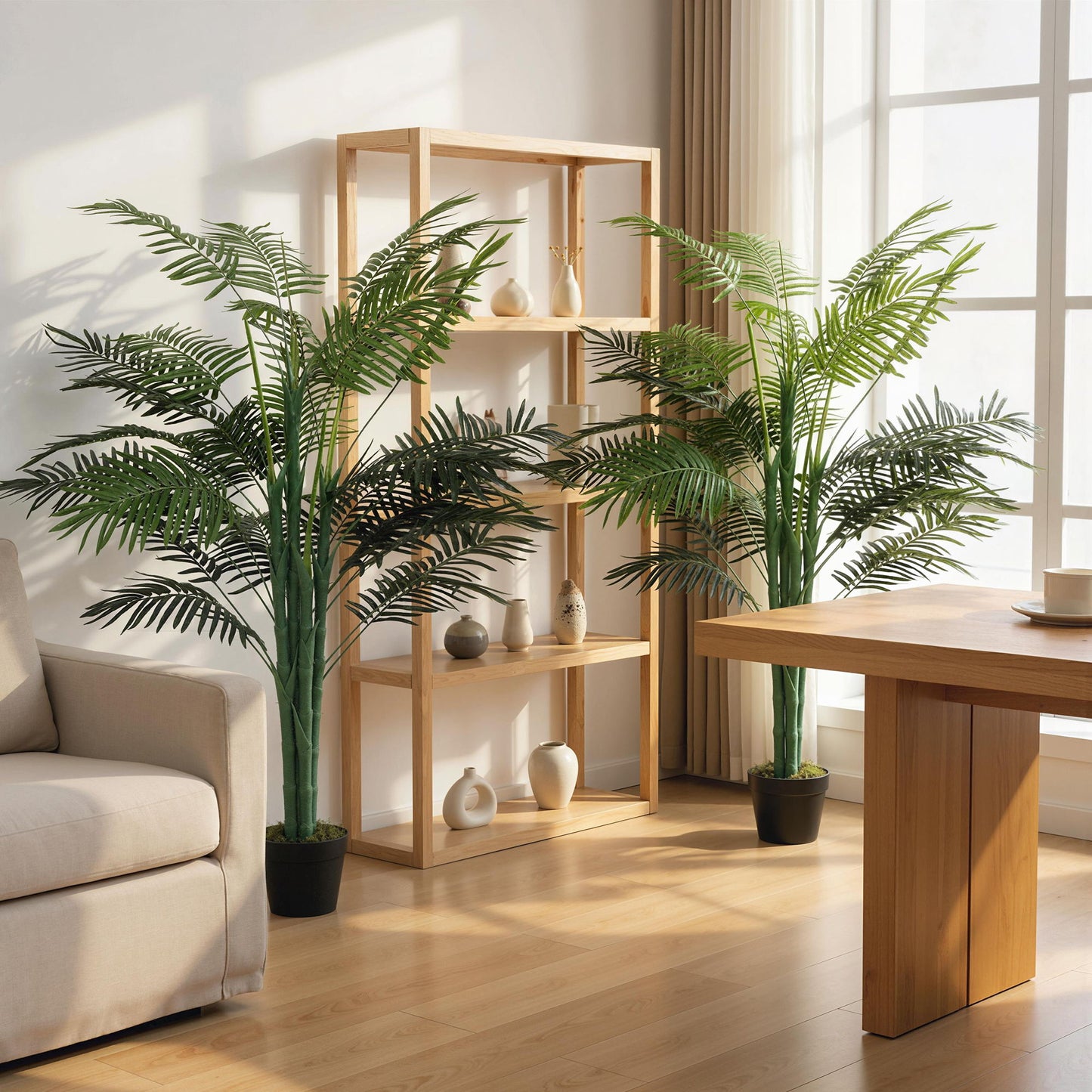 5FT Artificial Palm Tree Set of 2, Fake Tropical Tree with Lifelike Leaves, Faux Plant in Pot for Indoor Decoration, Green