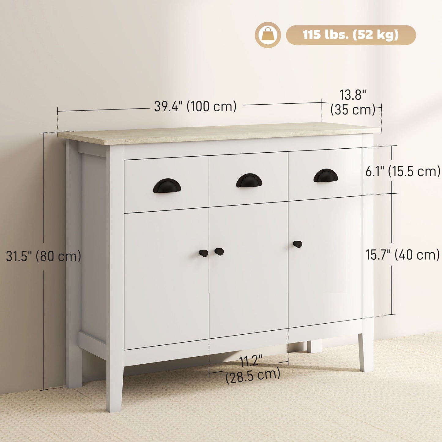 Sideboard Buffet Cabinet, 40" Kitchen Coffee Bar Cabinet with 3 Drawers and 2 Adjustable Shelves, White