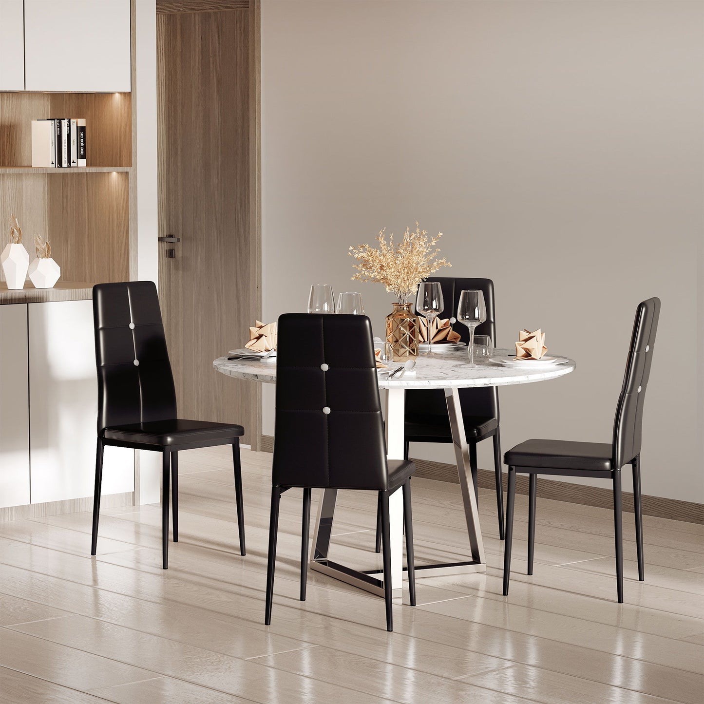 Set of 4 Modern Style Dining Chairs, Button Tufted High Back Side Chairs with Upholstered Seat, Steel Legs for Living Room, Kitchen, Study, Bedroom, Black