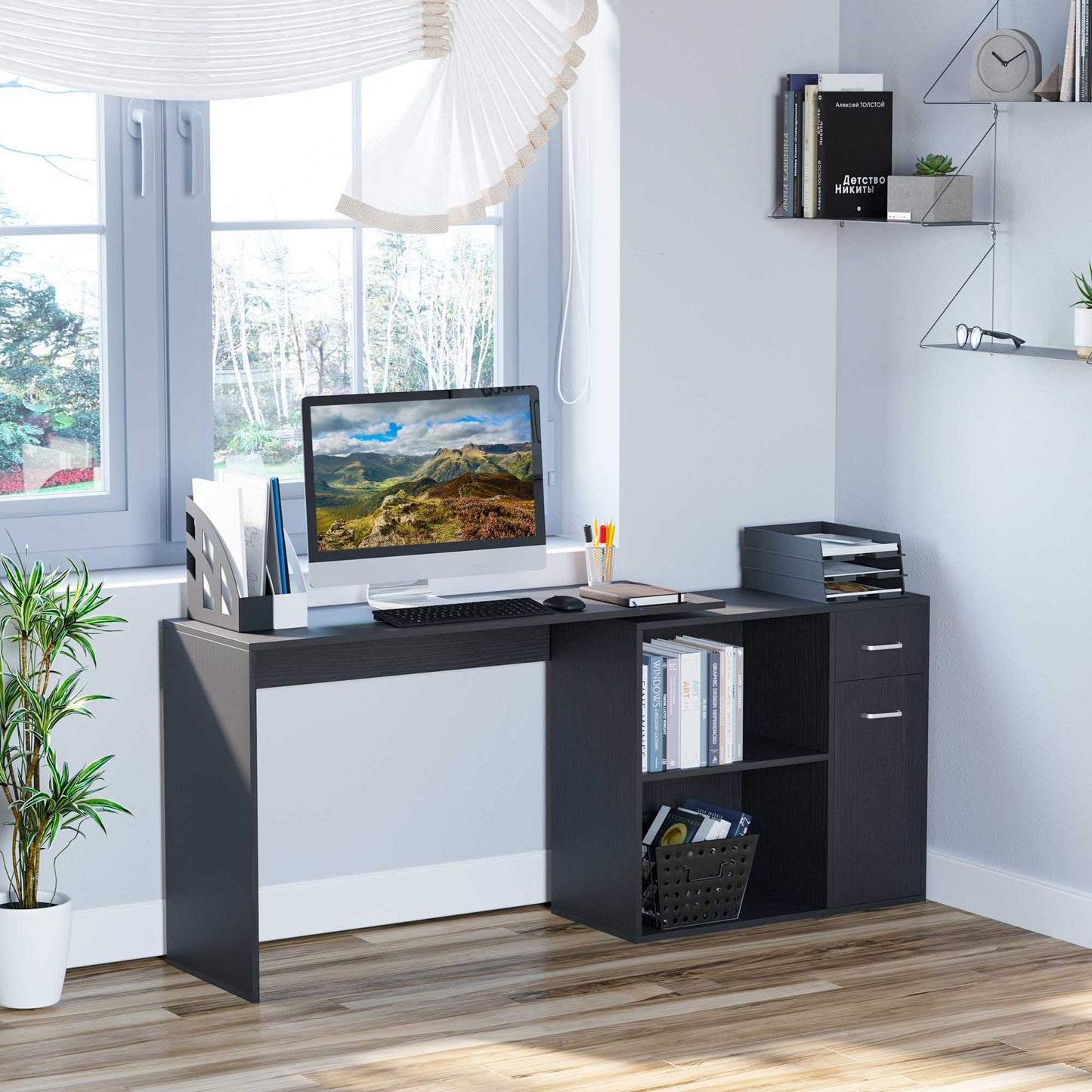 180-Degree Rotating Corner Desk with Cabinet - Black