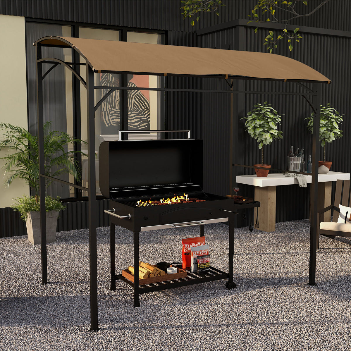 7' x 5' Garden Grill Canopy, BBQ Grill Gazebo Tent with Steel Frame and Hooks, Outdoor Sun Shade, Dark Brown