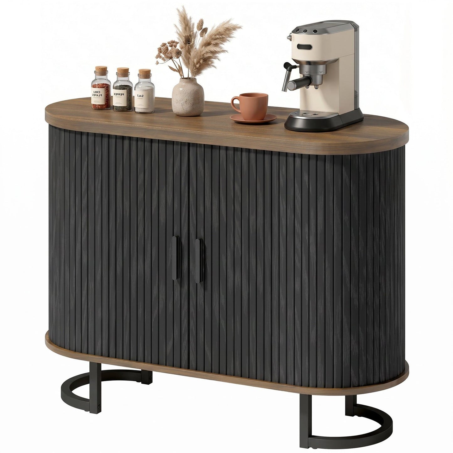 Sideboard Buffet Cabinet with Curved Tambour Doors - Brown and Black