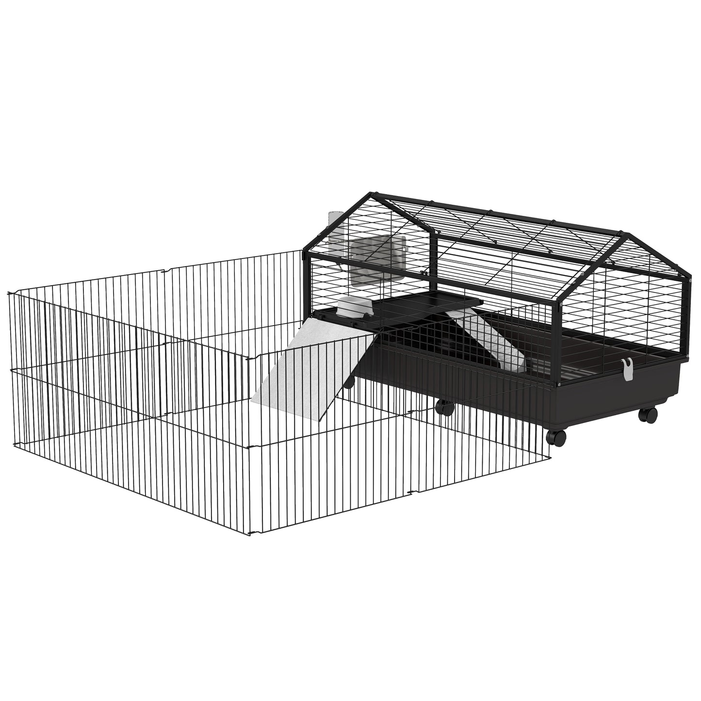 Guinea Pig Cage with Foldable Detachable Playpen, Rolling Rabbit Chinchilla Hedgehog Bunny Cage Small Animal Habitat with Water Bottle, Hay Feeder