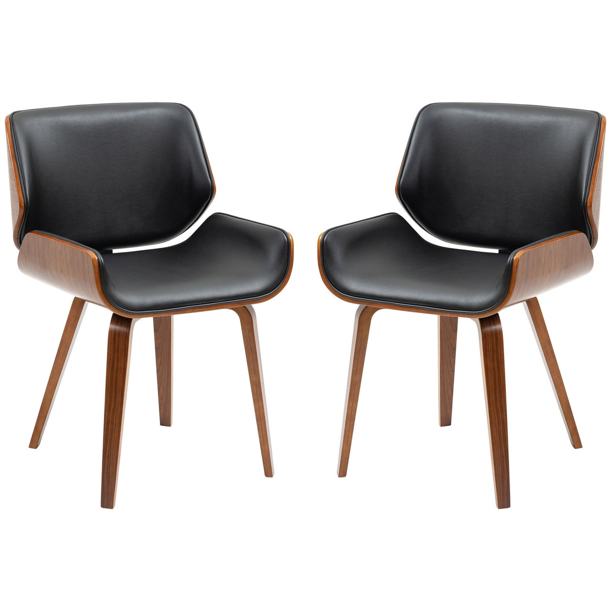 Set of 2 PU Leather Dining Chairs with Wood Legs - Black