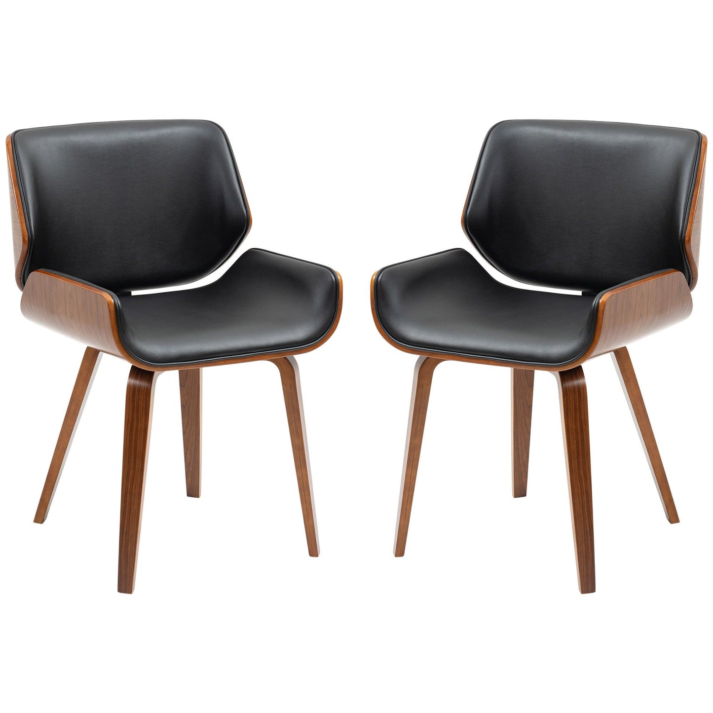 Set of 2 PU Leather Dining Chairs with Wood Legs - Black