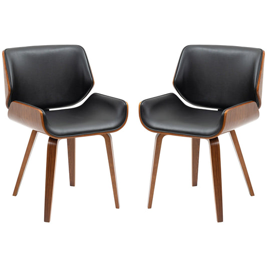 Set of 2 PU Leather Dining Chairs with Wood Legs - Black