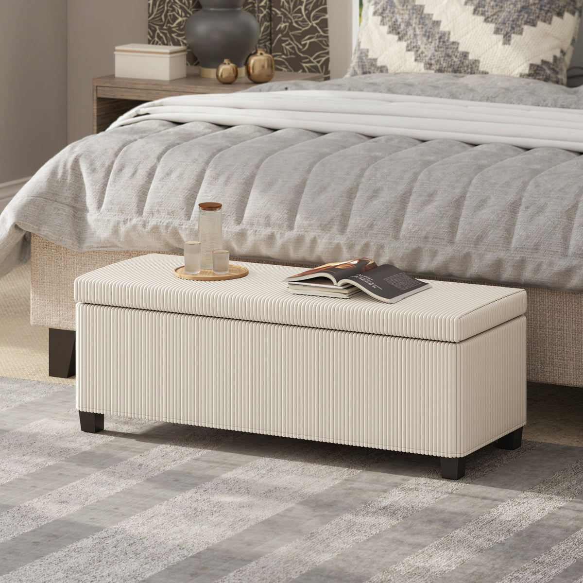 44 Inches Ottoman with Storage, Lid, Legs, Corduroy End of Bed Bench for Living Room, Bedroom, Entryway, Beige