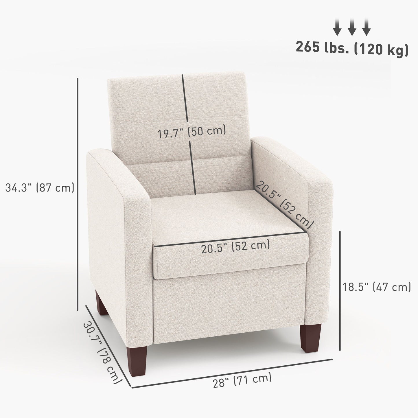 Fabric Accent Chair, Modern Armchair with Seat Cushion and Non-Slip Pads for Living Room, Bedroom, Cream White
