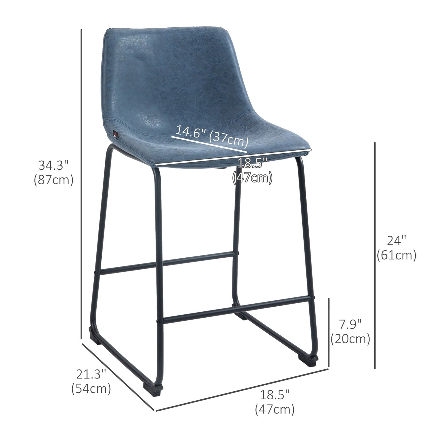 Vintage PU Leather Counter Bar Stools Set of 2 - Blue
