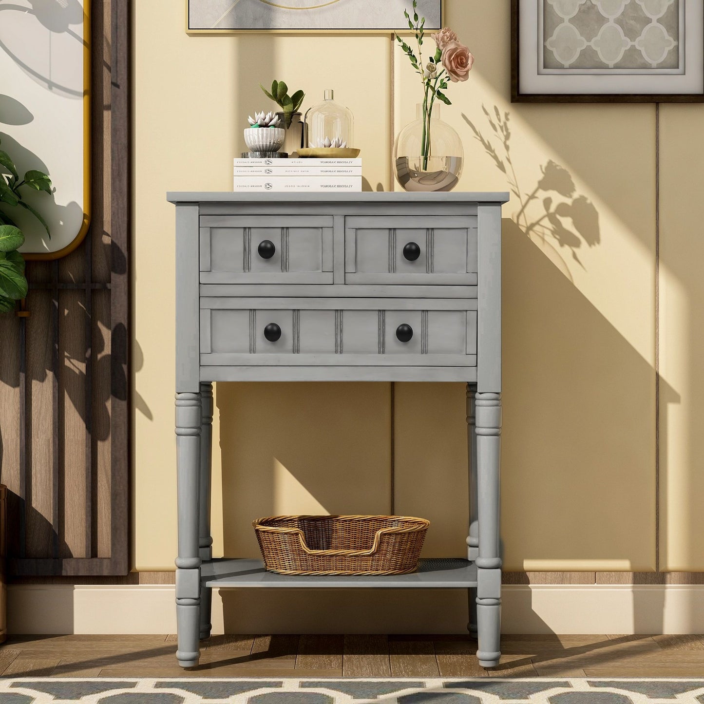 Narrow Console Table with 3 Storage Drawers, Bottom Shelf, Solid Wood Frame, Ideal for Entryway, Living Room, 24" L x 13" W x 31" H, Gray