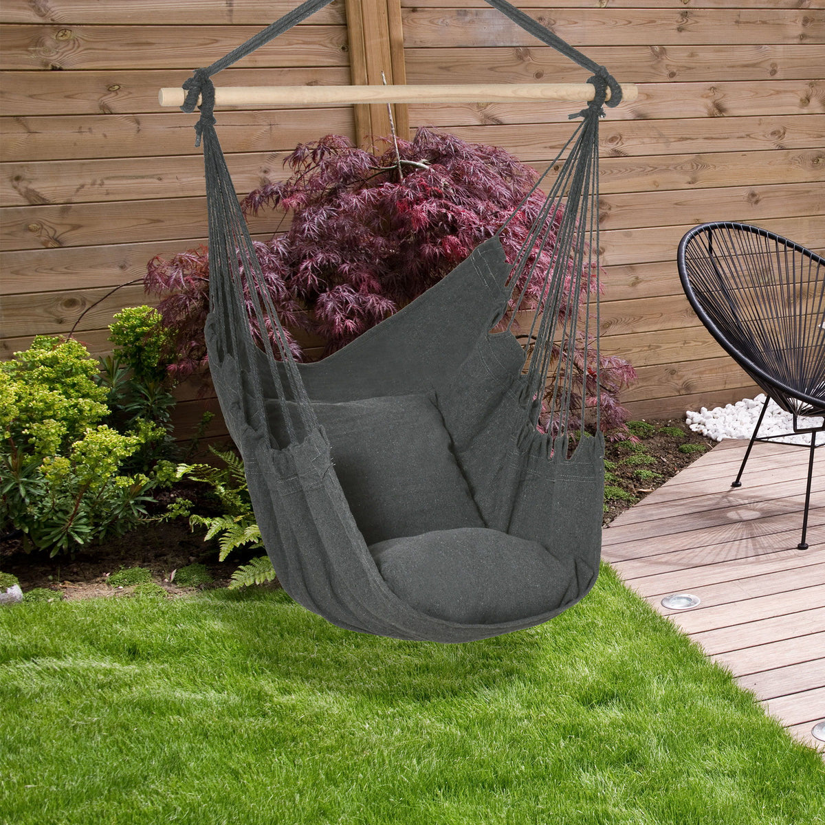 Hammock Chair Swing Hanging Macrame Chair Cotton w/ Two Soft Seat Cushions, for Bedroom Indoor Outdoor Ideal Gift for Kids Lover Birthday Present, Dark Grey