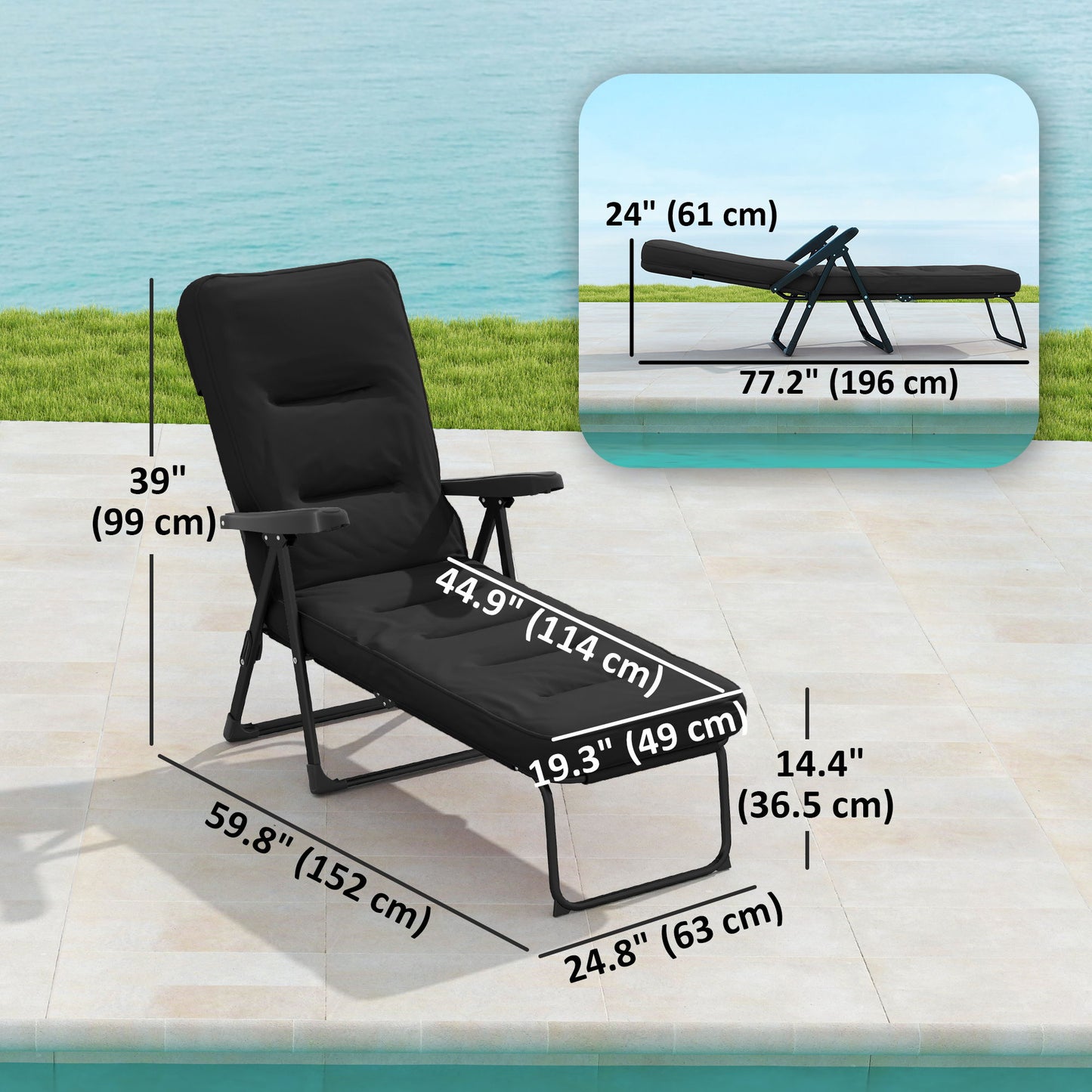 Folding Outdoor Lounge Chair with Cushion, Adjustable Backrest, Reclining Patio Garden Chair with Footrest, Black
