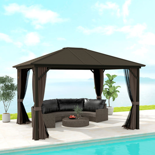 10' x 12' Deluxe Hardtop Gazebo Aluminum Frame Patio Gazebo Garden Sun Shelter Outdoor Pavilion, Coffee