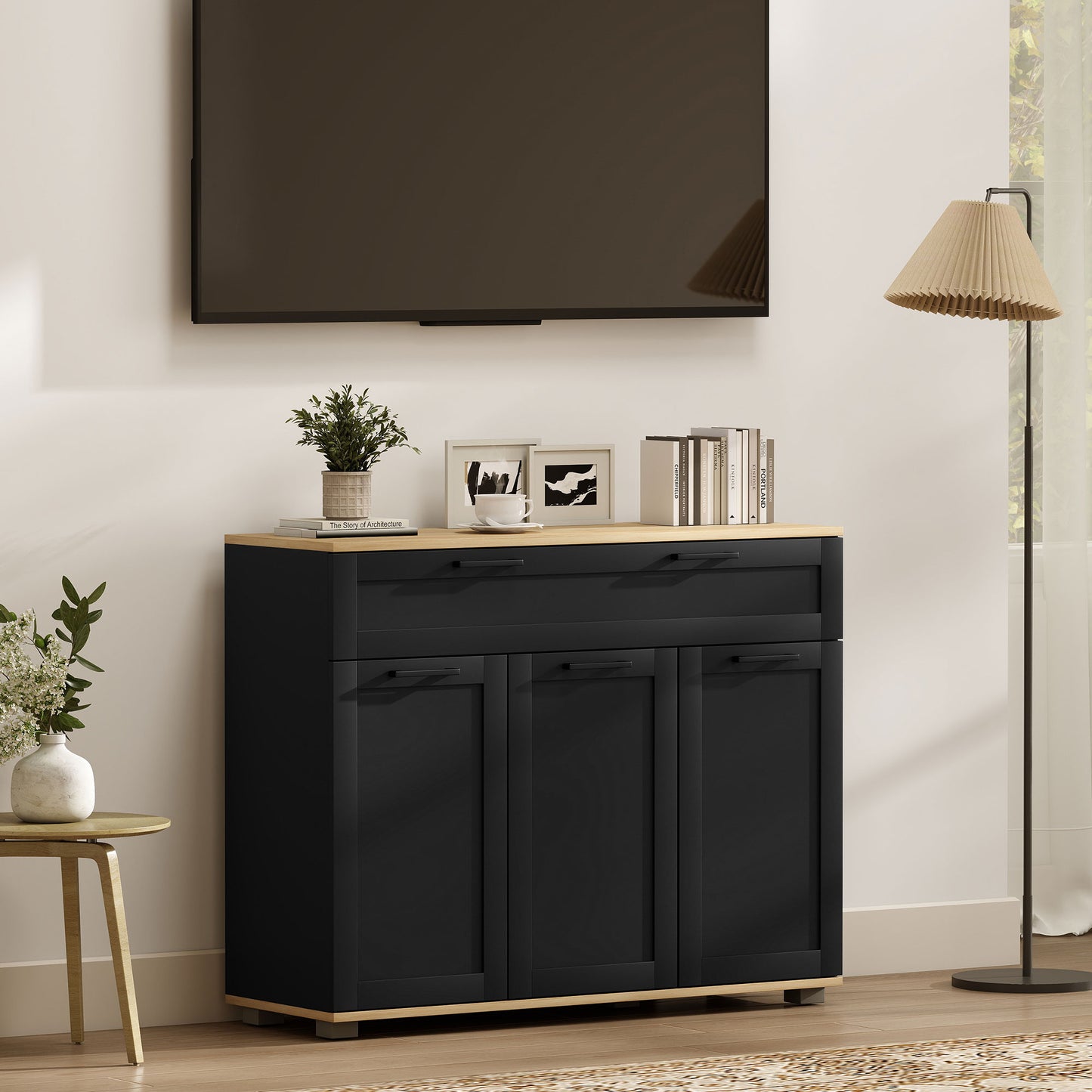 Sideboard Buffet Cabinet, Modern 40" Coffee Bar Cabinet with Wide Drawer, 3 Doors and 2 Adjustable Shelves, Black