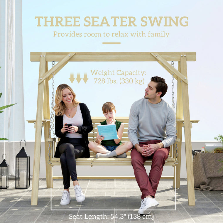 3-Seat Wooden Porch Swing with Stand and Side Tables