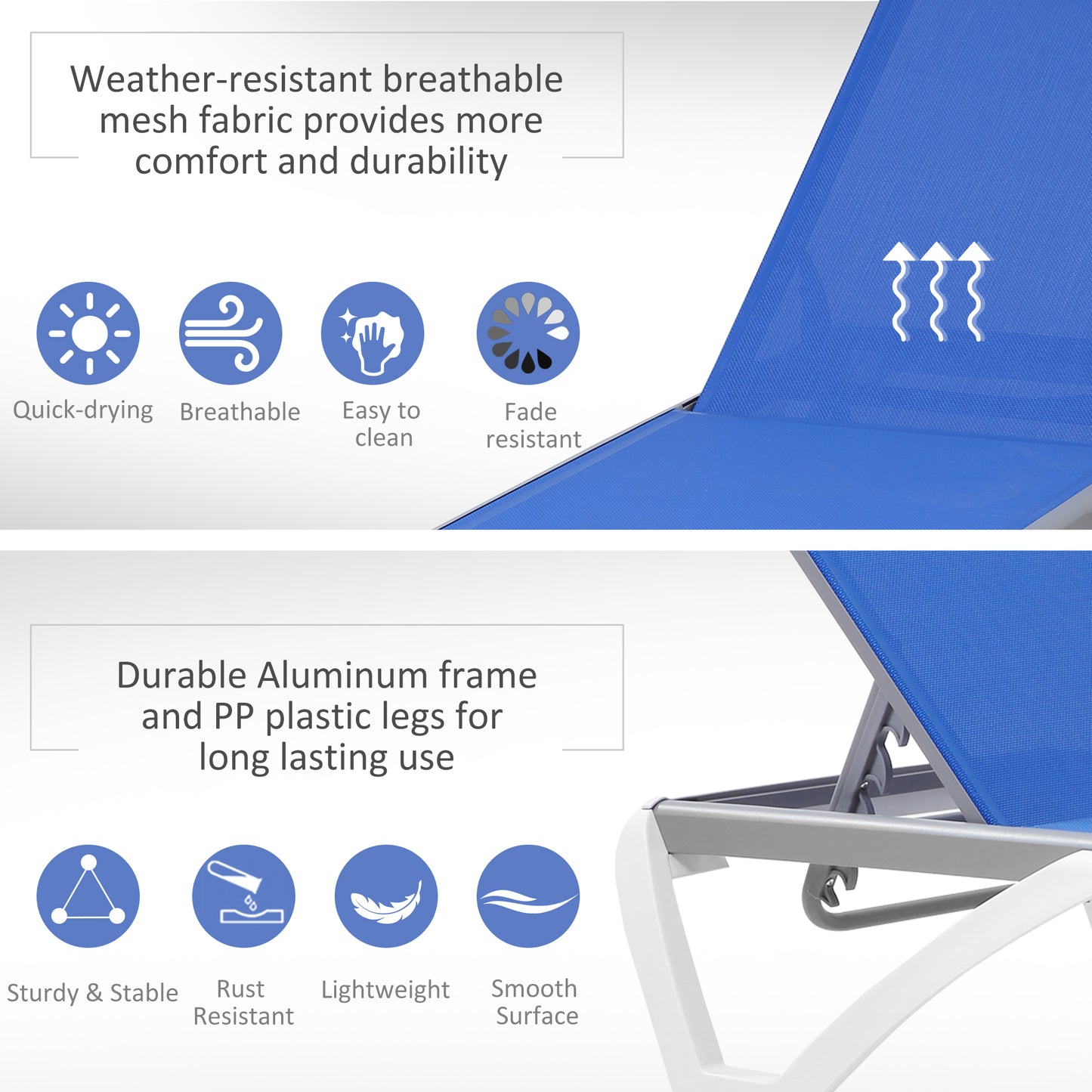Outdoor Chaise Lounge Chair, Patio Aluminum Tanning Chair with 5-Level Adjustable Back, Portable Wheels, Breathable Mesh Fabric, for Pool, Deck, Garden, Blue