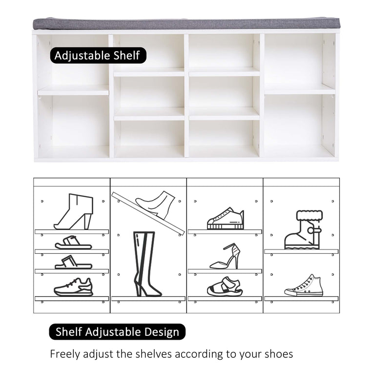 Upholstered Shoe Storage Bench with Adjustable Shelves - White