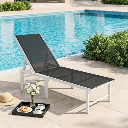 Outdoor Lounge Chair, 5-Position Reclining Outdoor Chaise Lounge Tanning Chair with Mesh Seat, Dark Blue - Grey