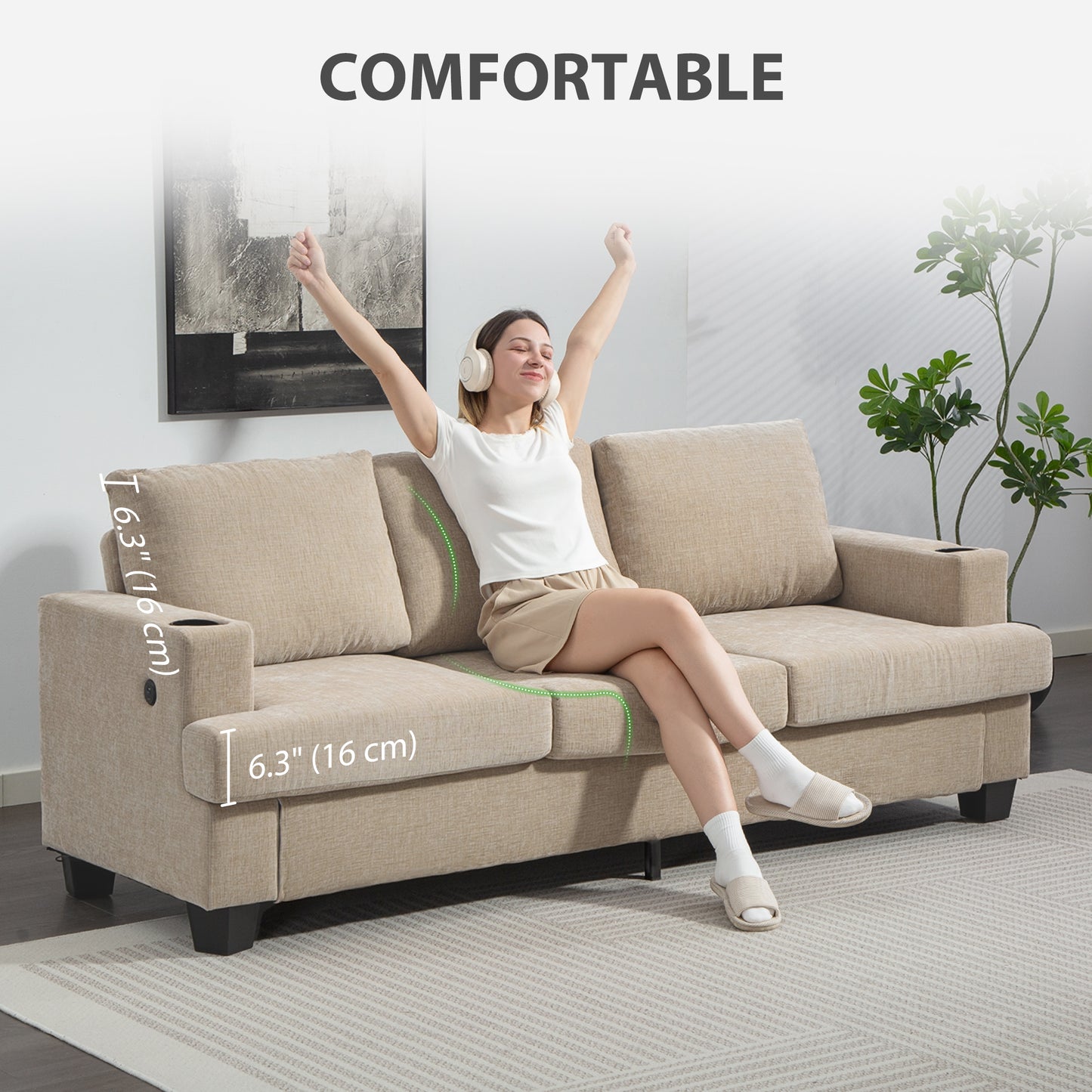 3 Seater Sofa with USB Ports & Cup Holders, Chenille-Feel Upholstered Couch for Living Room, Light Brown