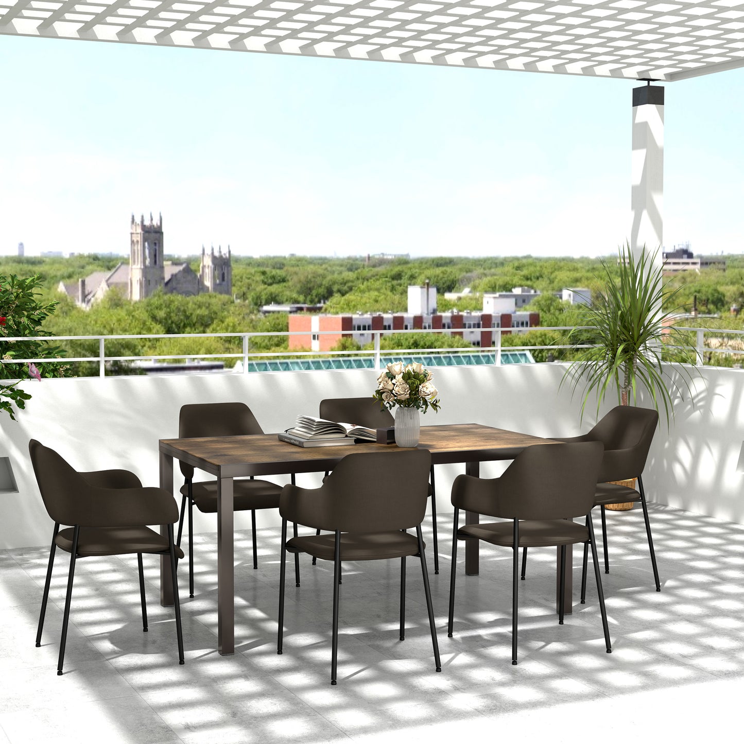 63"-94.5" Extendable Patio Dining Table for 6-8 Person, Outdoor Dining Table with Aluminium Edging, Steel Frame, Grey - Brown