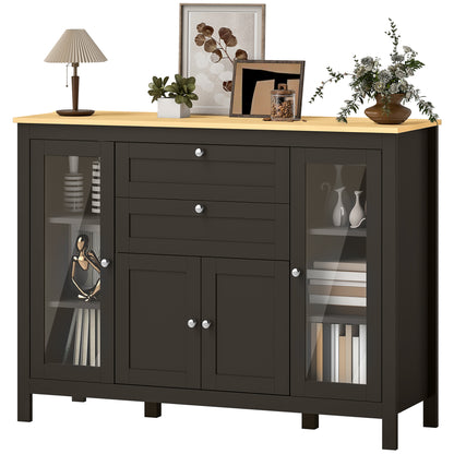 Buffet Sideboard with 2 Drawers & Glass Doors - Dark Brown