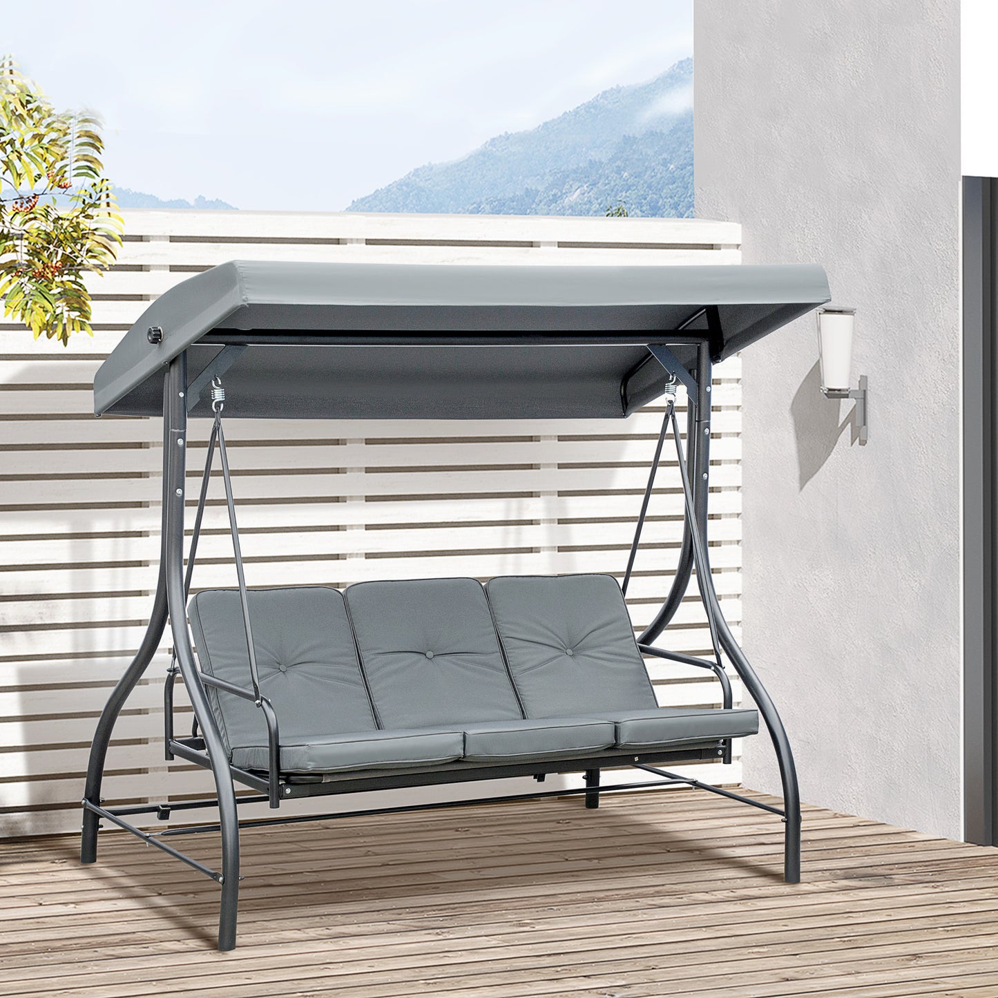 Convertible Patio Swing Bed with Canopy and Cushions, 3 Seater Porch Swing for Outdoor, Backyard, Garden, Beige
