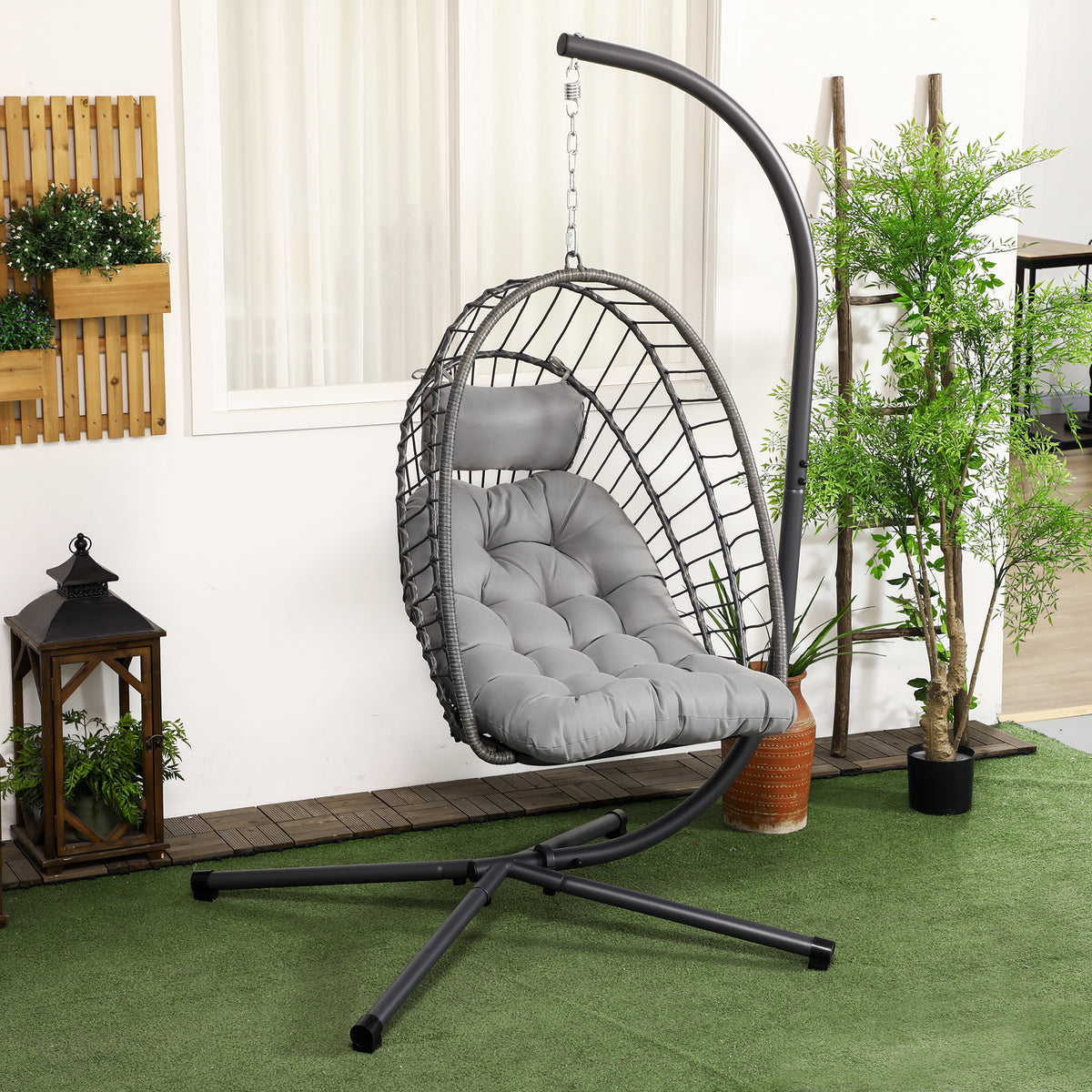Hanging Egg Chair with Stand, Foldable Wicker Rattan Swing Chair with Thick Cushion, Light Grey
