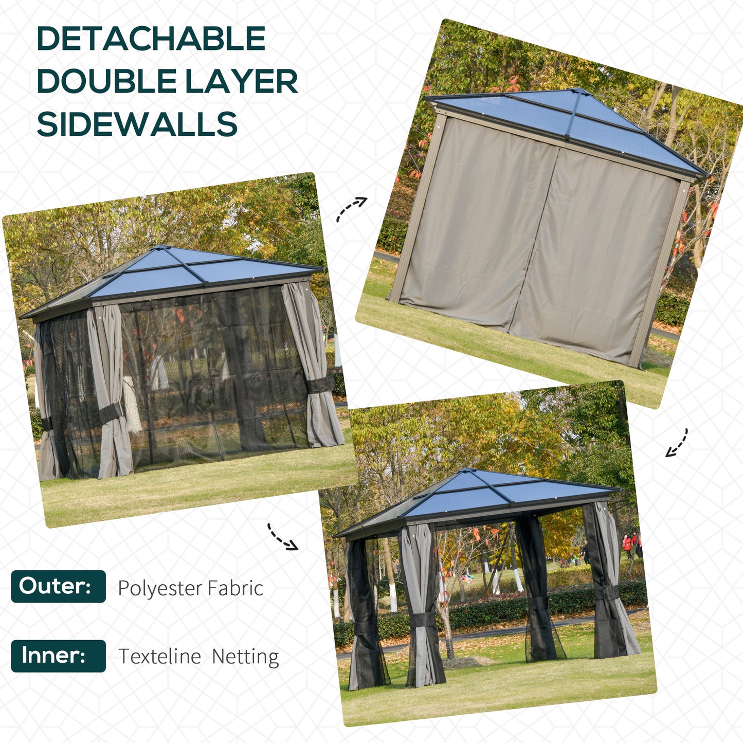 10x10ft Hardtop Gazebo with Aluminum Frame, Polycarbonate Gazebo Canopy with Curtains and Netting