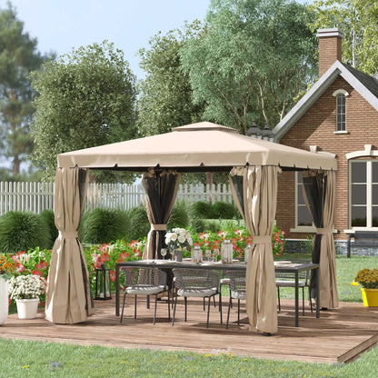 10' x 10' Khaki Polyester Gazebo with Curtains & Double Roof