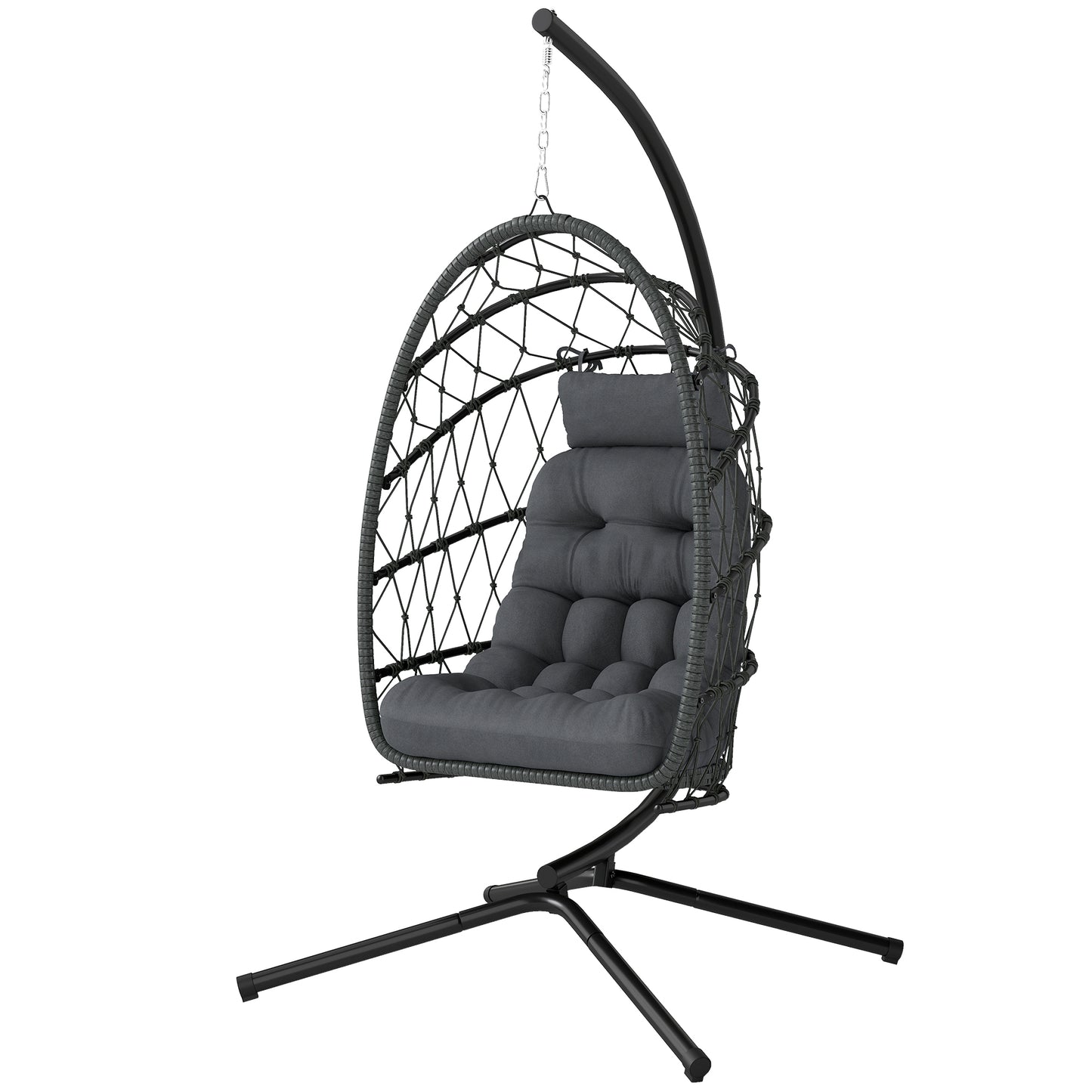 Hanging Egg Chair with Stand, Foldable Wicker Rattan Swing Chair with Thick Cushion and Safety Rope, Grey