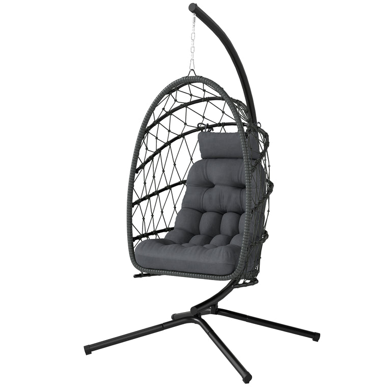 Foldable Wicker Egg Chair with Stand and Safety Rope