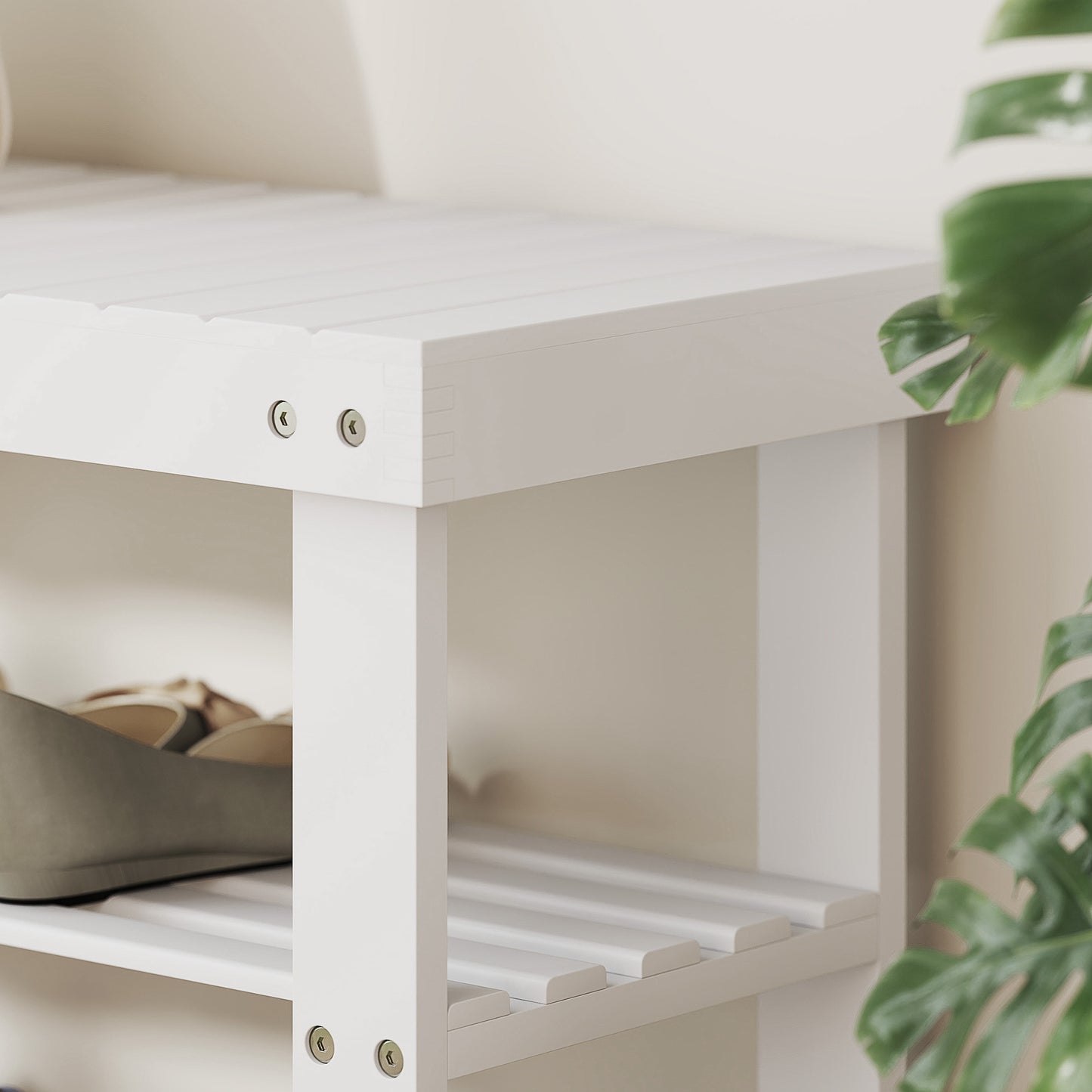 Bamboo Shoe Storage Bench, 3-Tier Entryway Bench with 2 Storage Shelves for Hallway, Holds 6 Pairs, White