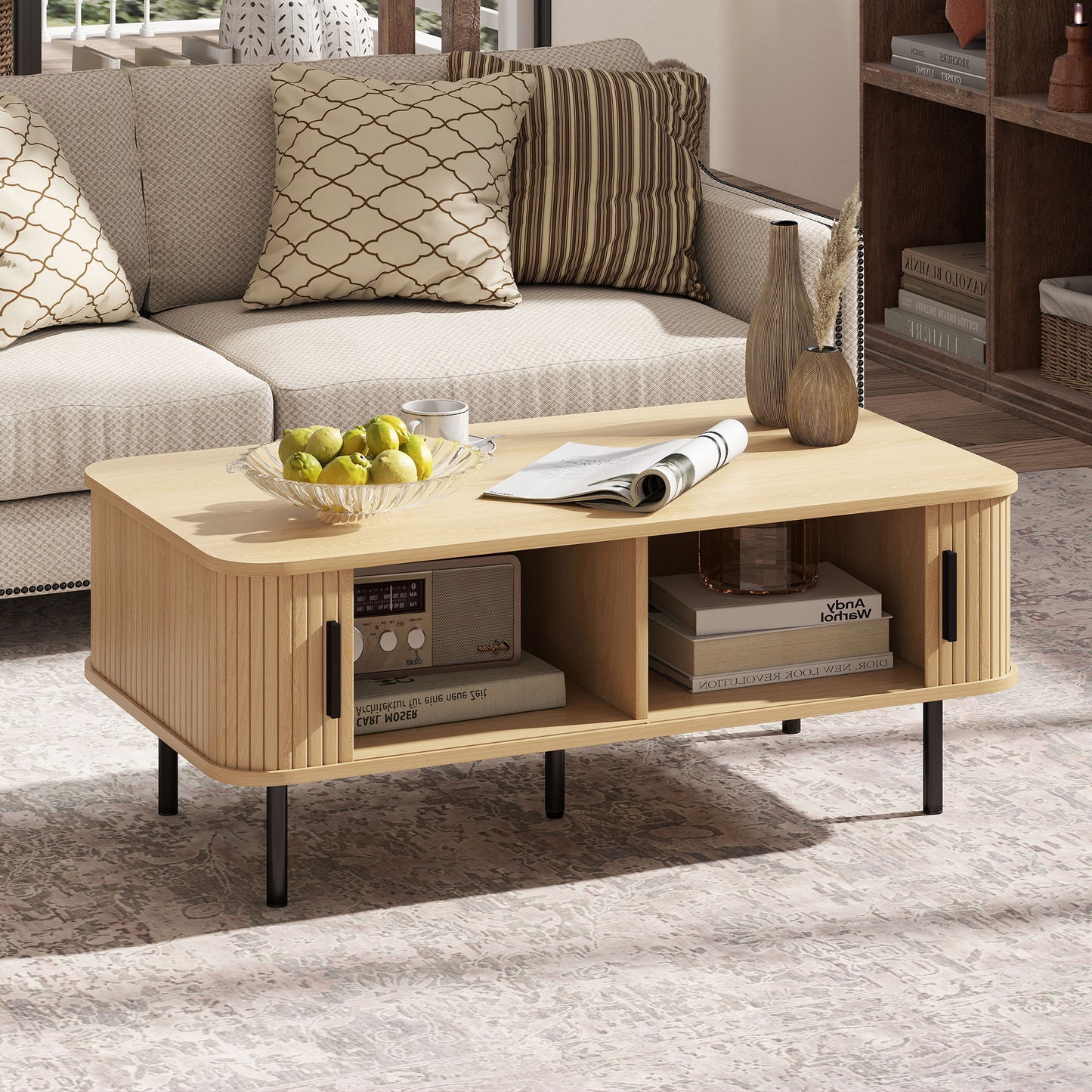 Coffee Table with Storage, Nordic Side Table with Fluted Tambour Sliding Doors and Steel Legs for Living Room, Oak