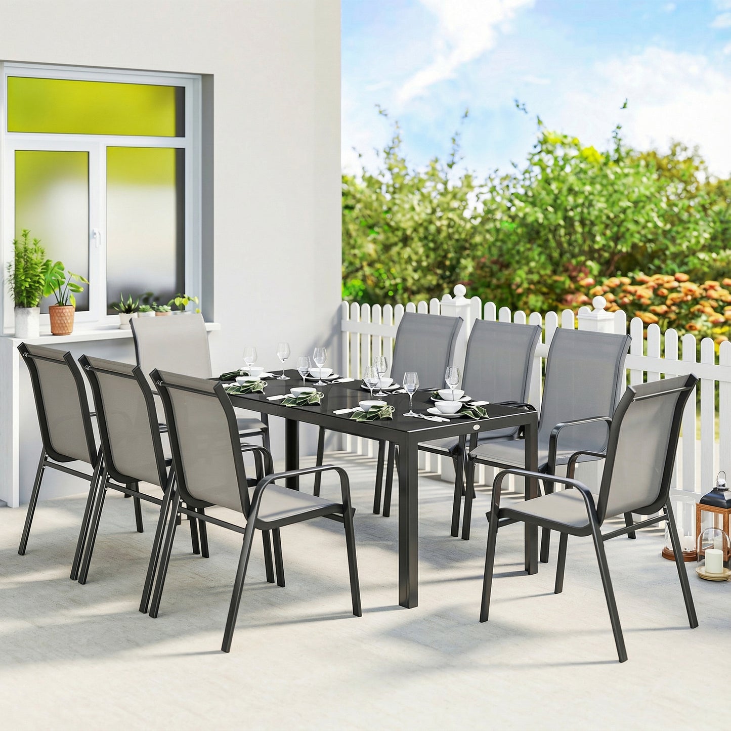 9 Pieces Patio Set with Stackable Chairs, Patio Dining Set with Glass Top for Garden, Patio, Backyard, Light Grey - Light Grey