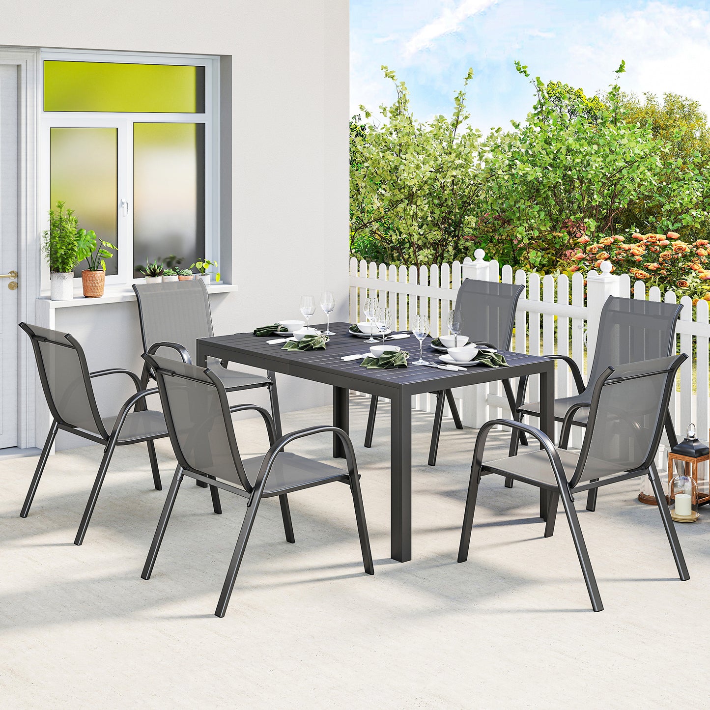 7 Pieces Outdoor Dining Set for 6, Patio Furniture Set with Rectangular Patio Table and Stackable Chairs, Light Grey