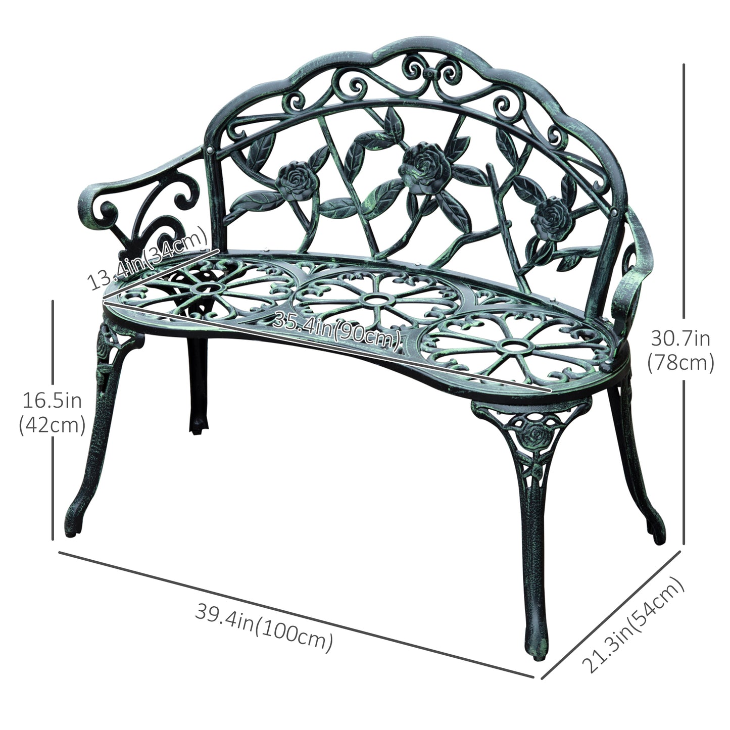 40" Outdoor Garden Bench, Cast Aluminum Antique Rose Style Patio Garden Park Loveseat Bench for Backyard, Porch, Balcony, Lawn, Green