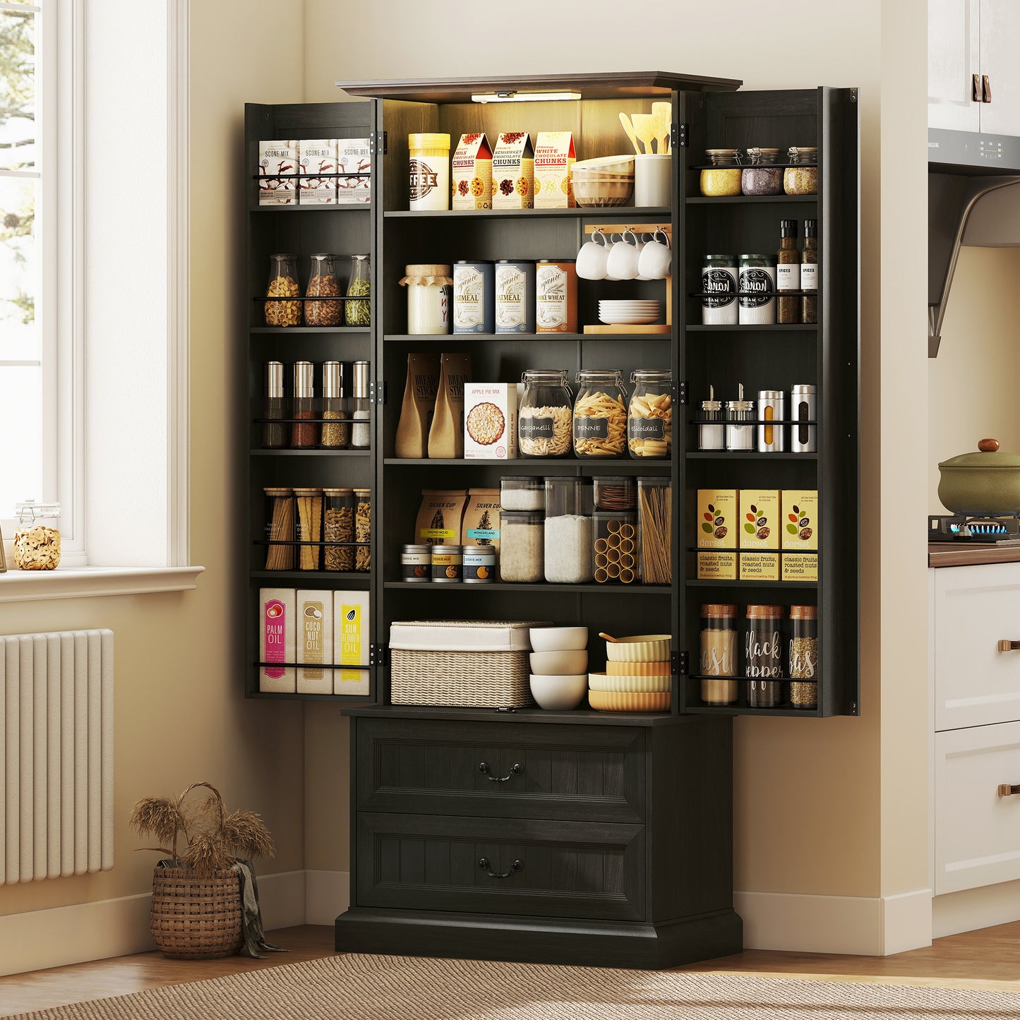72" LED Kitchen Pantry Cabinet, Buffet Storage Cabinet with 10 Door Shelves, 2 Drawers and Adjustable Shelves, Black