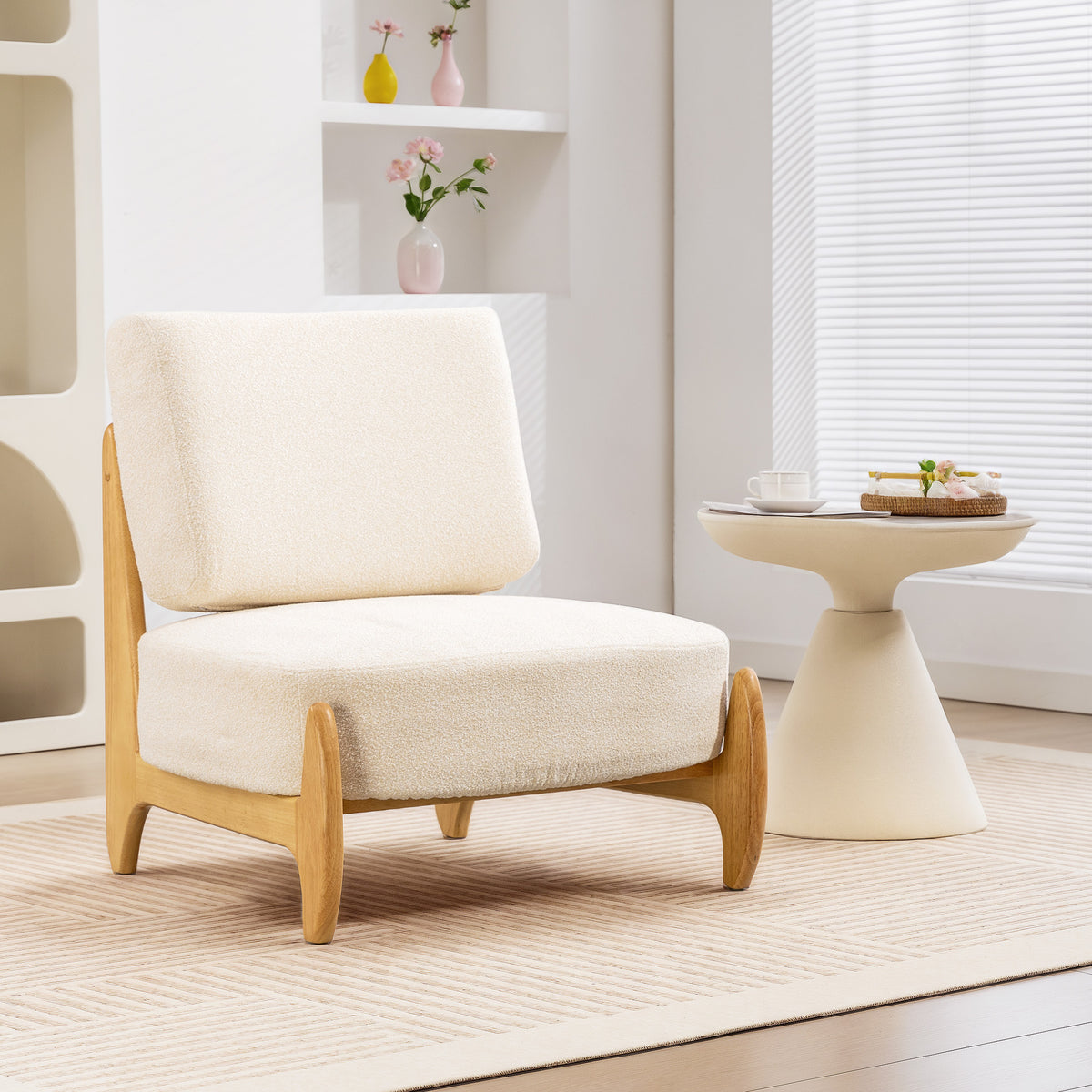 Accent Chair with Rubber Wood Frame, Wide Seat, Modern Chenille Bedroom Chair with Thick Cushion, Cream White