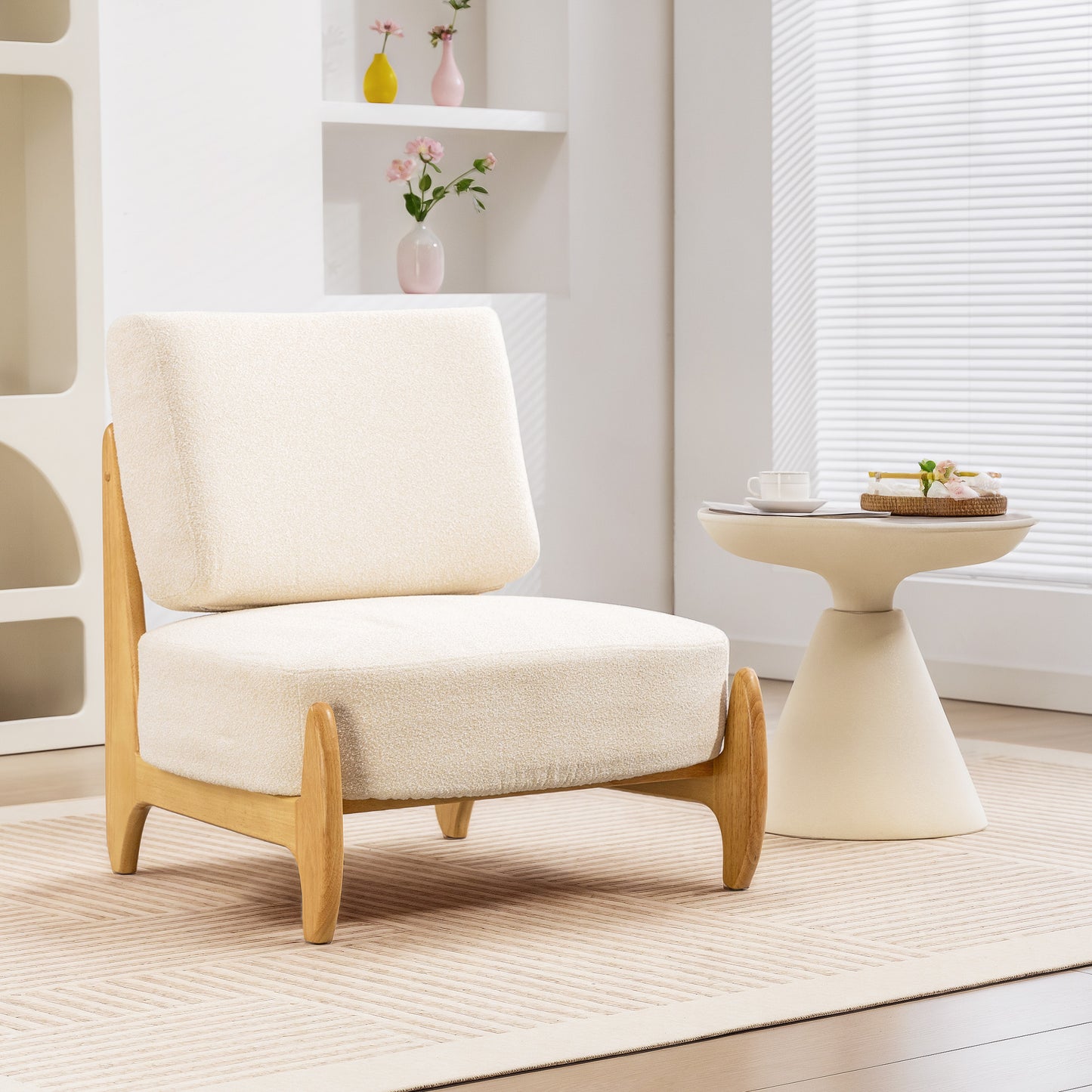 Accent Chair with Rubber Wood Frame, Wide Seat, Modern Chenille Bedroom Chair with Thick Cushion, Cream White
