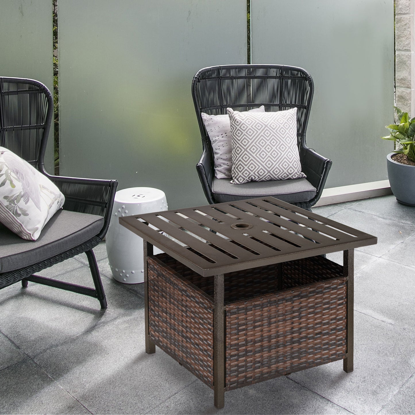 21.75" Outdoor Rattan Wicker Patio Coffee Table with Umbrella Hole, Patio Side Table with Slatted Metal Top, Brown