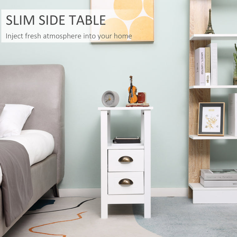 Slim End Table with 2 Drawers and Shelf - White